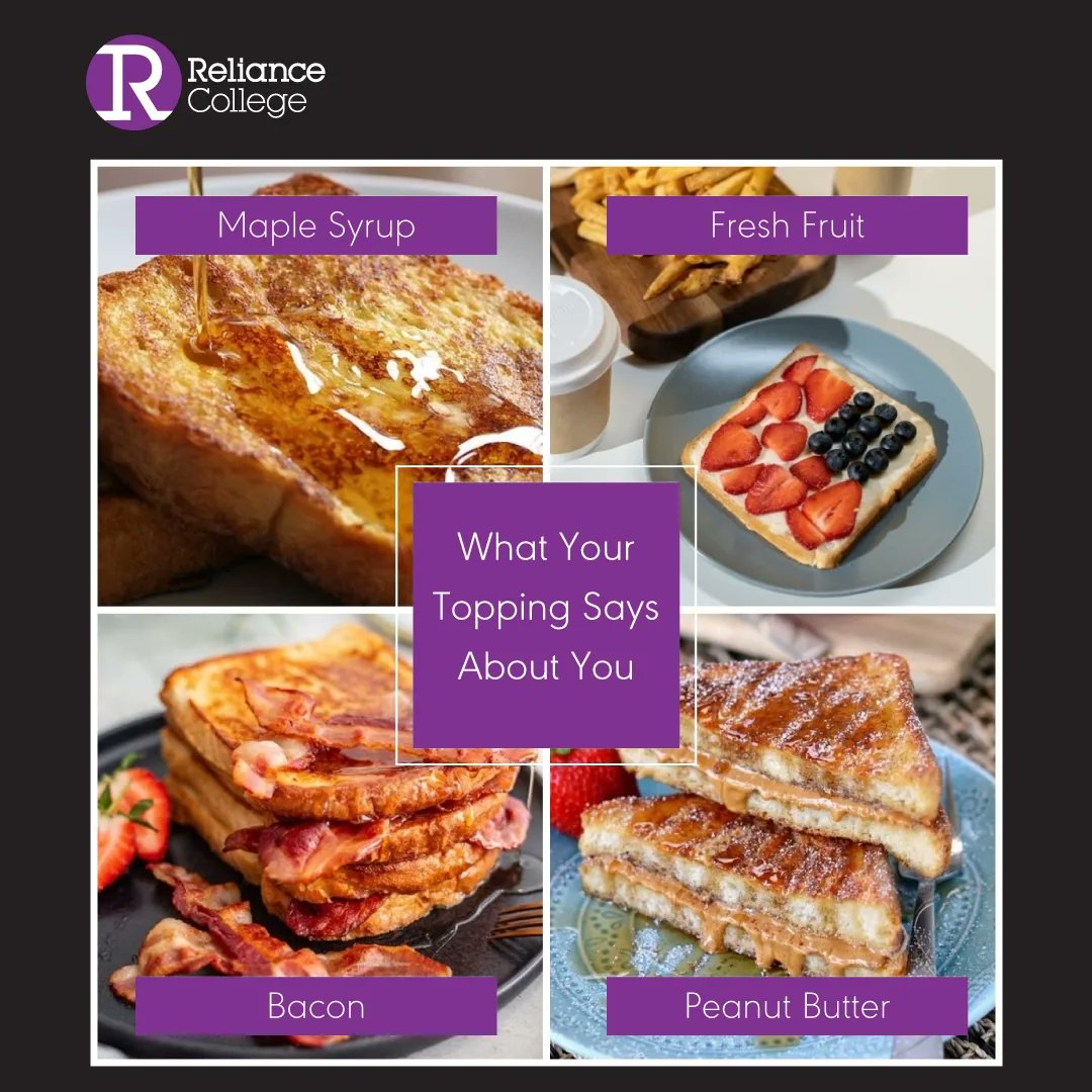 reliancemy's tweet photo. French Toast is the breakfast of champions &amp; your topping of choice says a lot about you...So tell us, what type of champion are you? 

Happy French Toast Day! 

#myREC #REC #RelianceCollege #FrenchToast #Toppings #MapleSyrup #PeanutButter #Bacon #FreshFruits #FrenchToastDay https://t.co/iggB4CyYyC