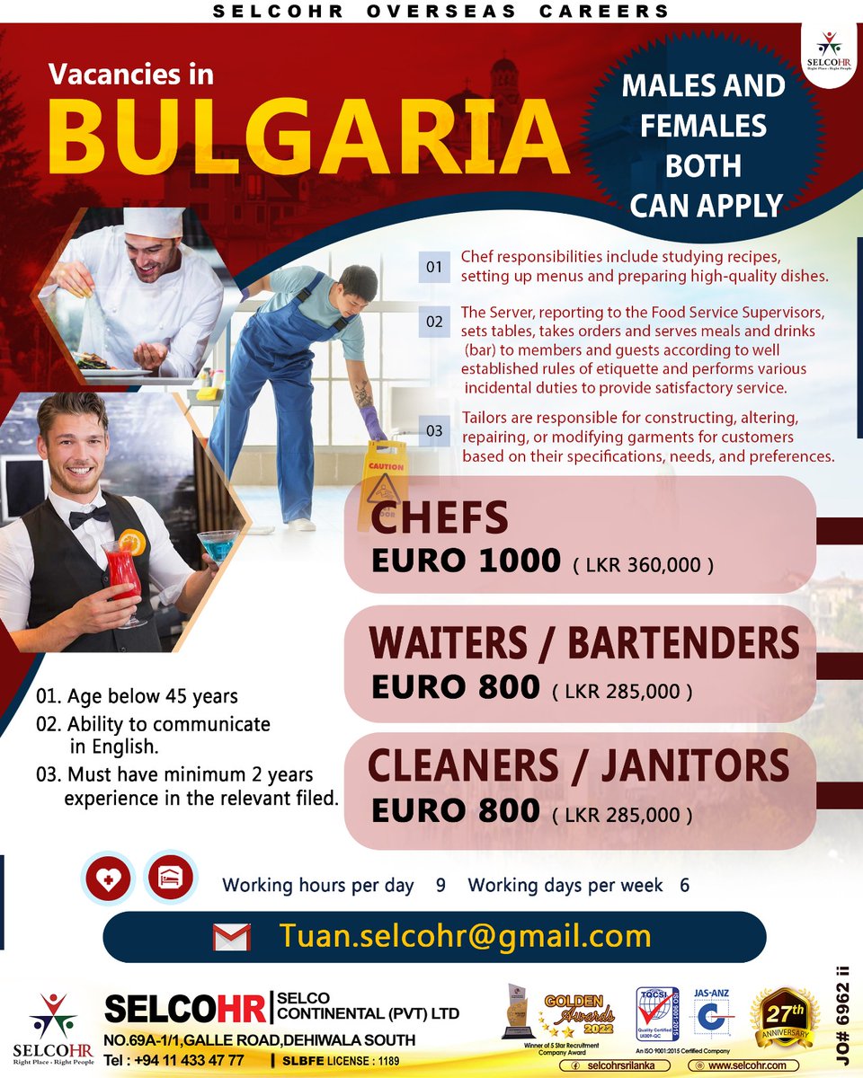 SelcoHR's tweet photo. Please go to the below link and provide your details, Our Staff will contact you shortly.
👉👉👉 https://t.co/gTQtLF18Dg
'
'
SelcoHR JO# 6962 - Bulgaria https://t.co/XPdQ5oiGP9