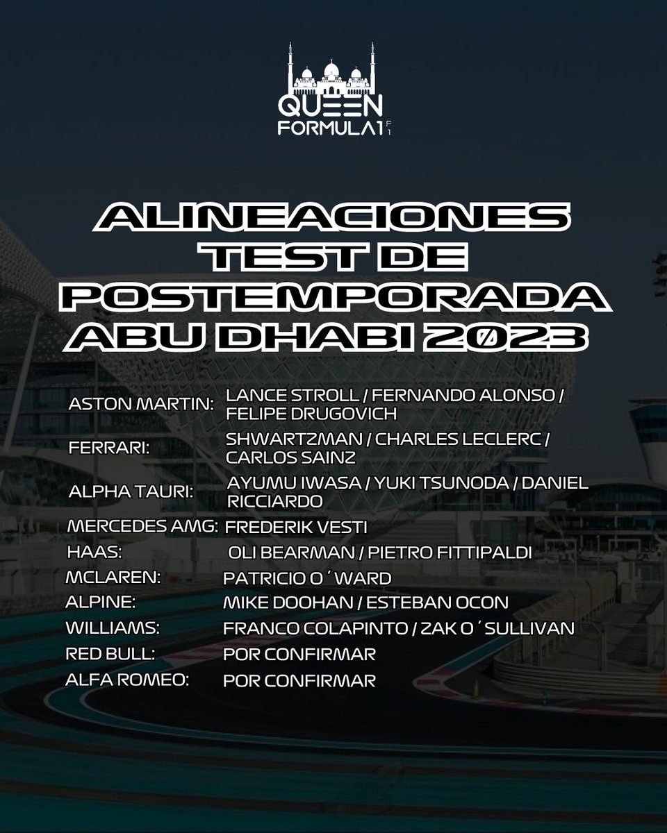 Queen_Formula1's tweet photo. 🕙 HORARIOS OFICIALES DEL TEST POSTEMPORADA EN ABU DHABI 2023 🏎️
😲Se podrá ver por F1TV Pro (NO HABRÁ RETRANSMISIÓN). 🚦Recuerden que está será la última vez qué veremos los F1 por esté año.
#F1 #Formula1 #QueenF1 #UltimaHora #Racing #News #F123 #AbuDhabiGP #TestPostemporada https://t.co/yFNrltlJjK