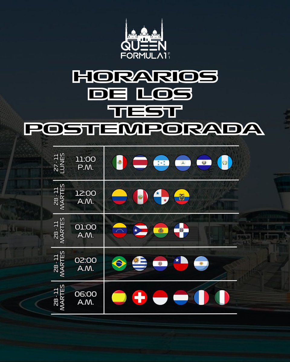 Queen_Formula1's tweet photo. 🕙 HORARIOS OFICIALES DEL TEST POSTEMPORADA EN ABU DHABI 2023 🏎️
😲Se podrá ver por F1TV Pro (NO HABRÁ RETRANSMISIÓN). 🚦Recuerden que está será la última vez qué veremos los F1 por esté año.
#F1 #Formula1 #QueenF1 #UltimaHora #Racing #News #F123 #AbuDhabiGP #TestPostemporada https://t.co/yFNrltlJjK