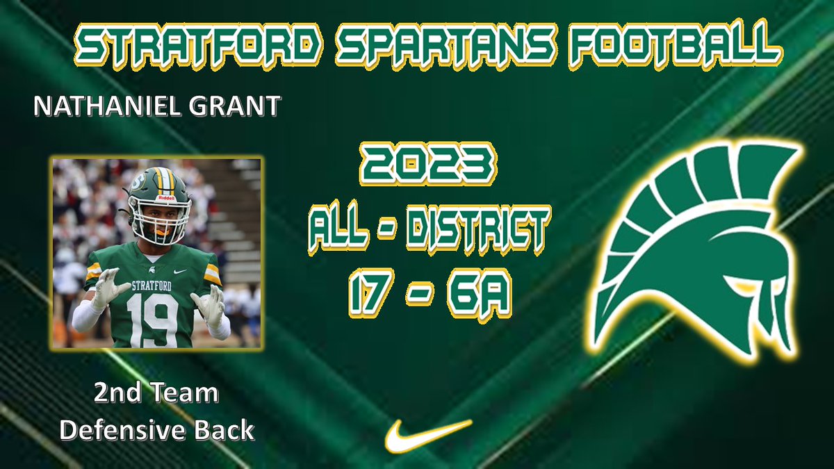 Congrats to <a href="/NateGrantt/">Nathaniel Grant</a> for earning 17-6A All District honors this season! We are proud of you!!!   <a href="/StratfordFB1/">Stratford Spartan Football</a> <a href="/SHS_BoosterClub/">Stratford Booster</a> #SpartanPride