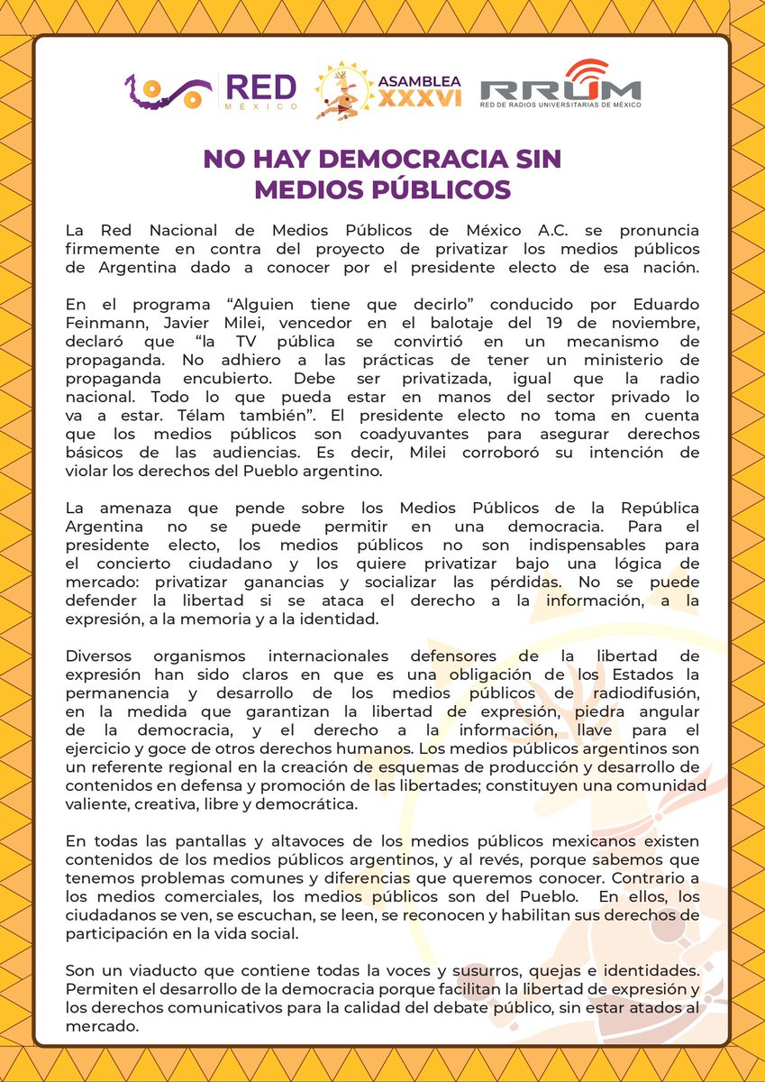 laREDMX's tweet image. En relación a las declaraciones del presidente electo de Argentina, Javier Milei, durante el programa “Alguien tiene que decirlo”, compartimos el posicionamiento de @laREDMX.

NO HAY DEMOCRACIA SIN MEDIOS PÚBLICOS.