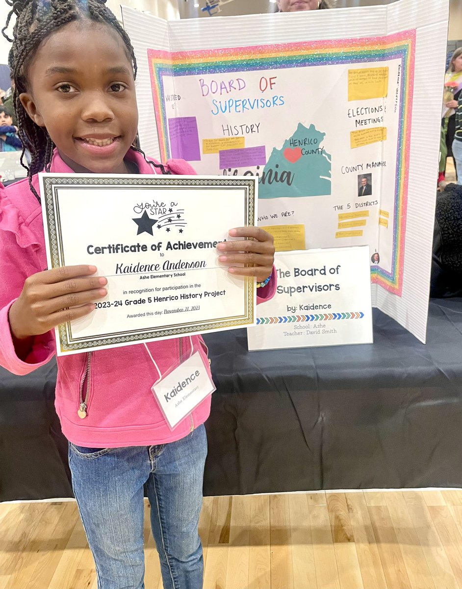 ArthurAsheJrES's tweet photo. We are very proud of Kaidence! 

She represented our school today at the Henrico History Project Awards. Her project on the History of the Henrico Board of Supervisors was selected from all 5th grade projects to represent AAES! Great job! (Pictured with her proud teacher) https://t.co/p2r8zGG61L