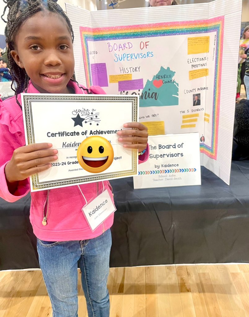 ArthurAsheJrES's tweet photo. We are very proud of Kaidence! 

She represented our school today at the Henrico History Project Awards. Her project on the History of the Henrico Board of Supervisors was selected from all 5th grade projects to represent AAES! Great job! (Pictured with her proud teacher) https://t.co/p2r8zGG61L