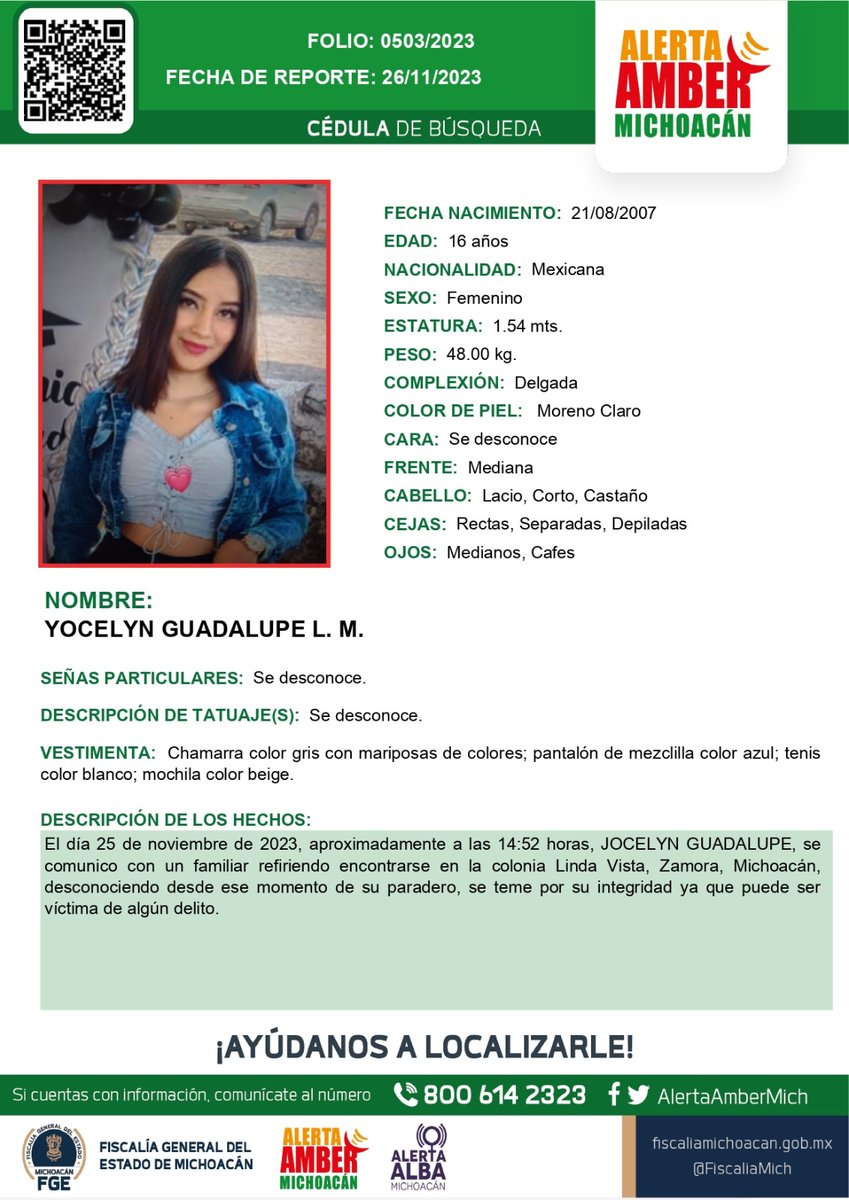 AlertaAmberMich's tweet photo. ⚠️🟠Solicitamos su apoyo para la búsqueda y localización de YOCELYN GUADALUPE L.M. de 16 años de edad. #AlertaAmberMx #AlertaAmberMich #FGEMich @botDesaparecidx https://t.co/mrmwludKZ9