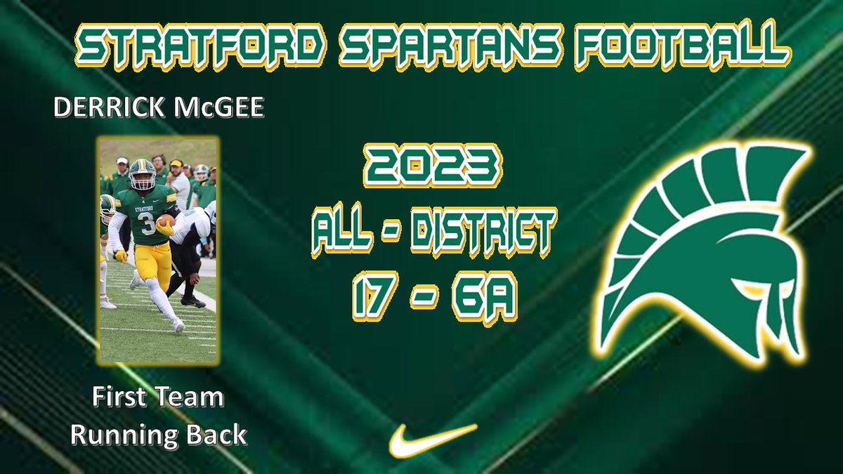 Congrats to <a href="/DerrickMcGee123/">Derrick McGee</a> for earning 17-6A All District honors this season! We are proud of you!!!   <a href="/StratfordFB1/">Stratford Spartan Football</a> <a href="/SHS_BoosterClub/">Stratford Booster</a> #SpartanPride