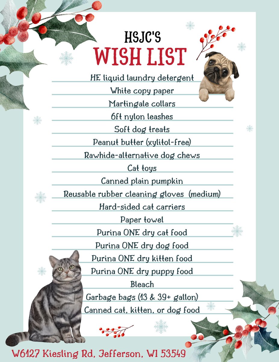 Animal rescue orgs face a nationwide crisis—record numbers in shelters &amp; adoptions slowing.
This #GivingTuesday, help us help them by donating much-needed items from our wish list:
📋hsjc-wis.com/donate/wishlis…
🎁Amazon: amazon.com/registry/wishl…
🐾Chewy: chewy.com/g/humane-socie…