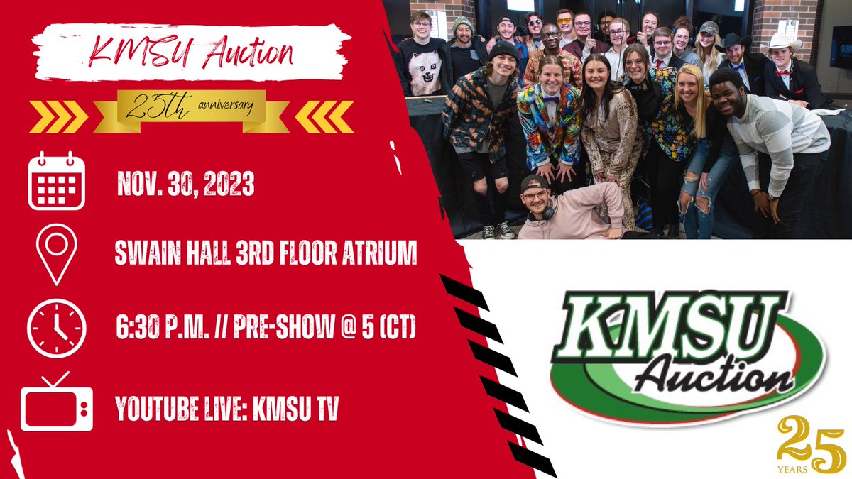 kmsutvradio's tweet photo. It’s AUCTION WEEK‼️

And celebrating a quarter century!

We have reached that time of year where all the hard work by the students to secure donations from the community is put on display!

Tune in Thursday for the 25th anniversary of the KMSU Auction!

https://t.co/moIEWN5FT0 https://t.co/XWhOyxggAU