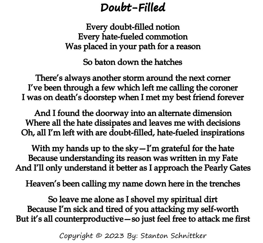 Doubt-Filled
Daily Post #522

-

#doubt #art #artist #writer #writing #poetry #poet #poets #poems #poem #FYP #fypage #fypシ #fypシviral #foryou #foryoupage #selfhelp #foryourpage #selfworth #inspirational #Inspire #inspiring #Inspireyourself #reason #PoemADay #poetrycommunity