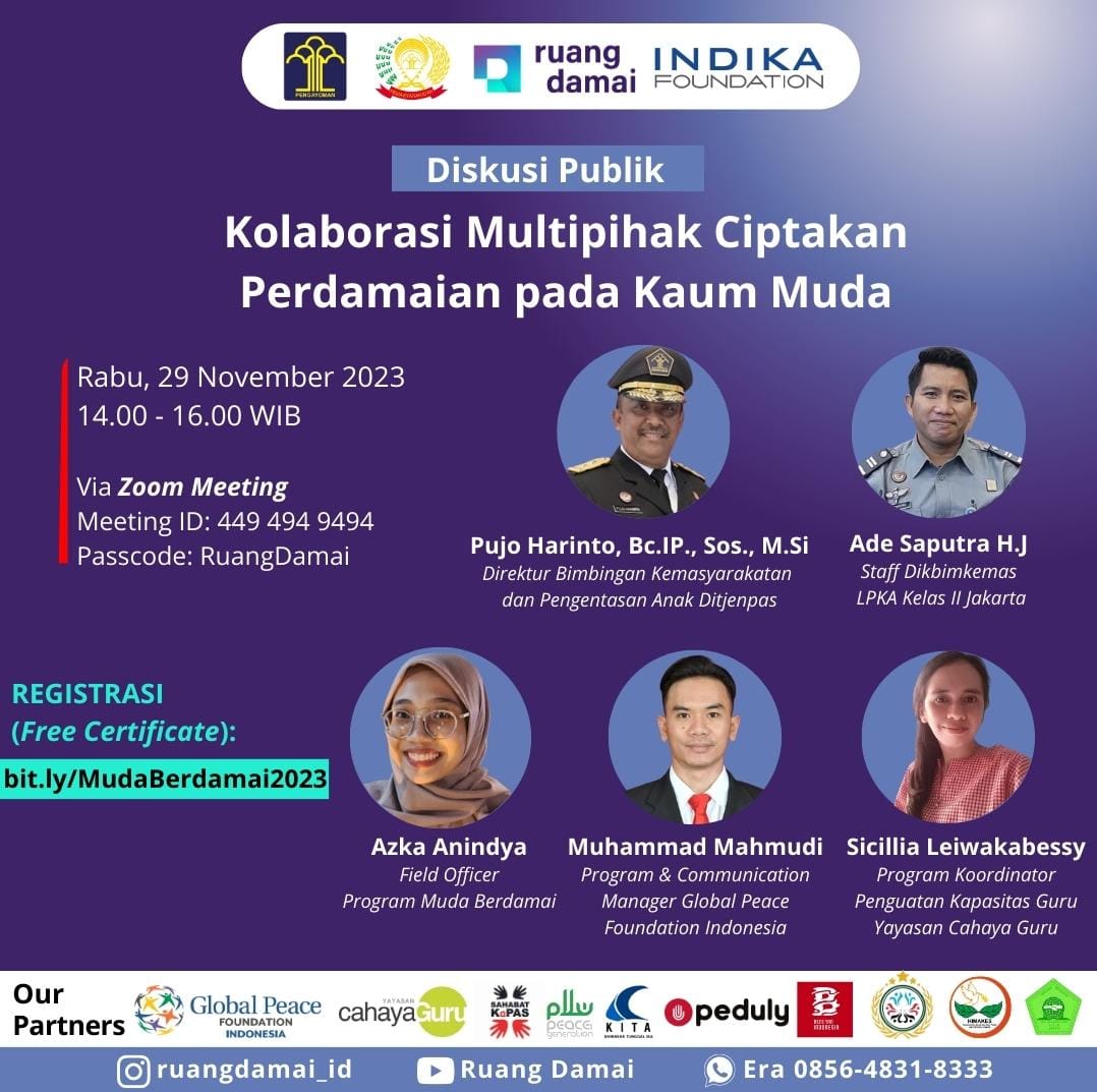 cahayaguru's tweet image. Diskusi Publik: Kolaborasi Multipihak Ciptakan Perdamaian pada Kaum Muda.
Rabu, 29 November 2023
Pk. 14.00 - 16.00 WIB
Zoom Meeting: 449 494 9494 
Passcode: RuangDamai
FREE Registrasi: bit.ly/MudaBerdamai20…
#ycg #GuruBineka #Toleransi