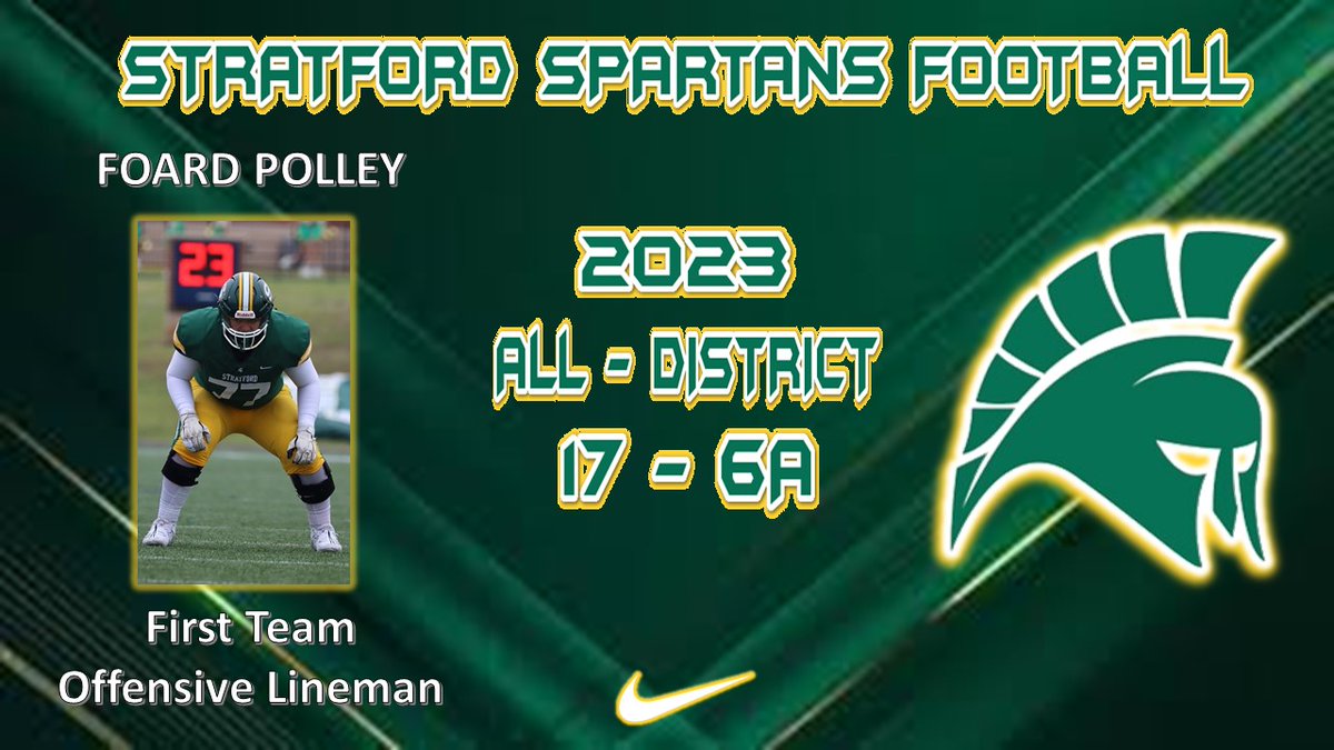 StratfordFB1's tweet photo. Congrats to @FoardP_95 for earning 17-6A All District honors this season! We are proud of you!!!   @StratfordFB1 @SHS_BoosterClub #SpartanPride https://t.co/5AdStQfrpe