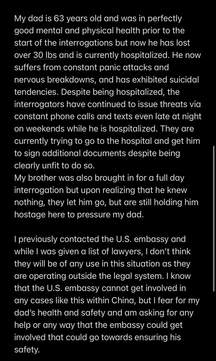 Details on my family situation in China. I worry for the safety and health of my family. Please continue to share for visibility and maybe someone can help. I wanted to keep this private but the situation looks dire. <a href="/USAmbChina/">U.S. Ambassador to China David Perdue</a> <a href="/USA_China_Talk/">美国驻华使领馆 U.S. Mission to China</a> <a href="/ChineseEmbinUS/">Chinese Embassy in US</a>