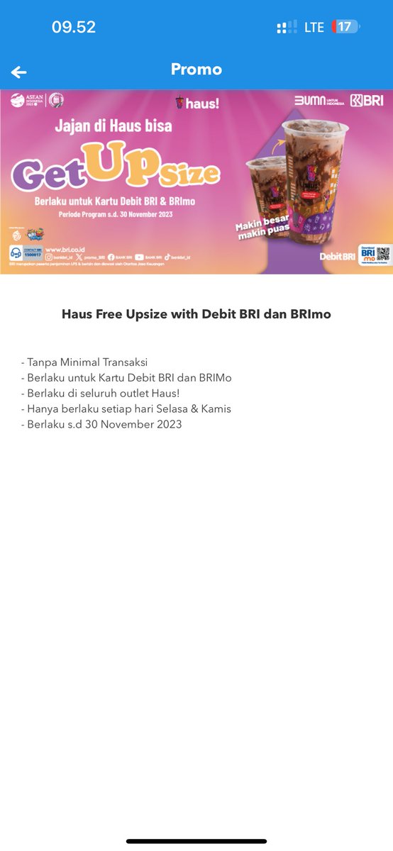 RekomAga's tweet photo. #FyiFreen Hari selasa jangan lupa mampir ke HAUS soalnya lagi ada promo GetUpSize kalo bayar pake kartu debit @BANKBRI_ID / BRImo nih biar makin puas minumnya! Hehehe https://t.co/Mxz3CzmpT1