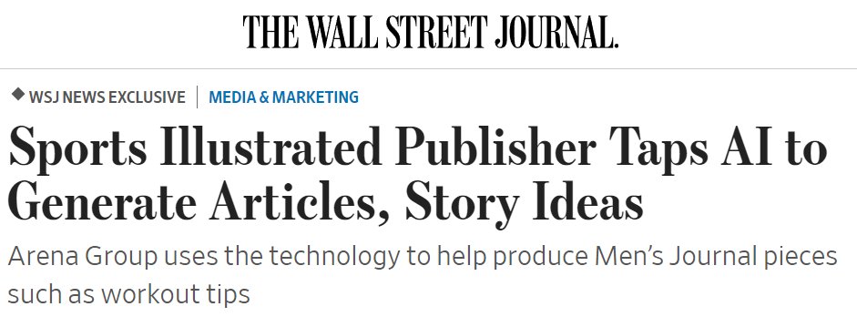 There are many wild things about this statement, but the wildest is probably that back in February the CEO of Sports Illustrated's publisher was PUBLICLY BRAGGING about his big plans to generate articles using AI wsj.com/articles/sport…