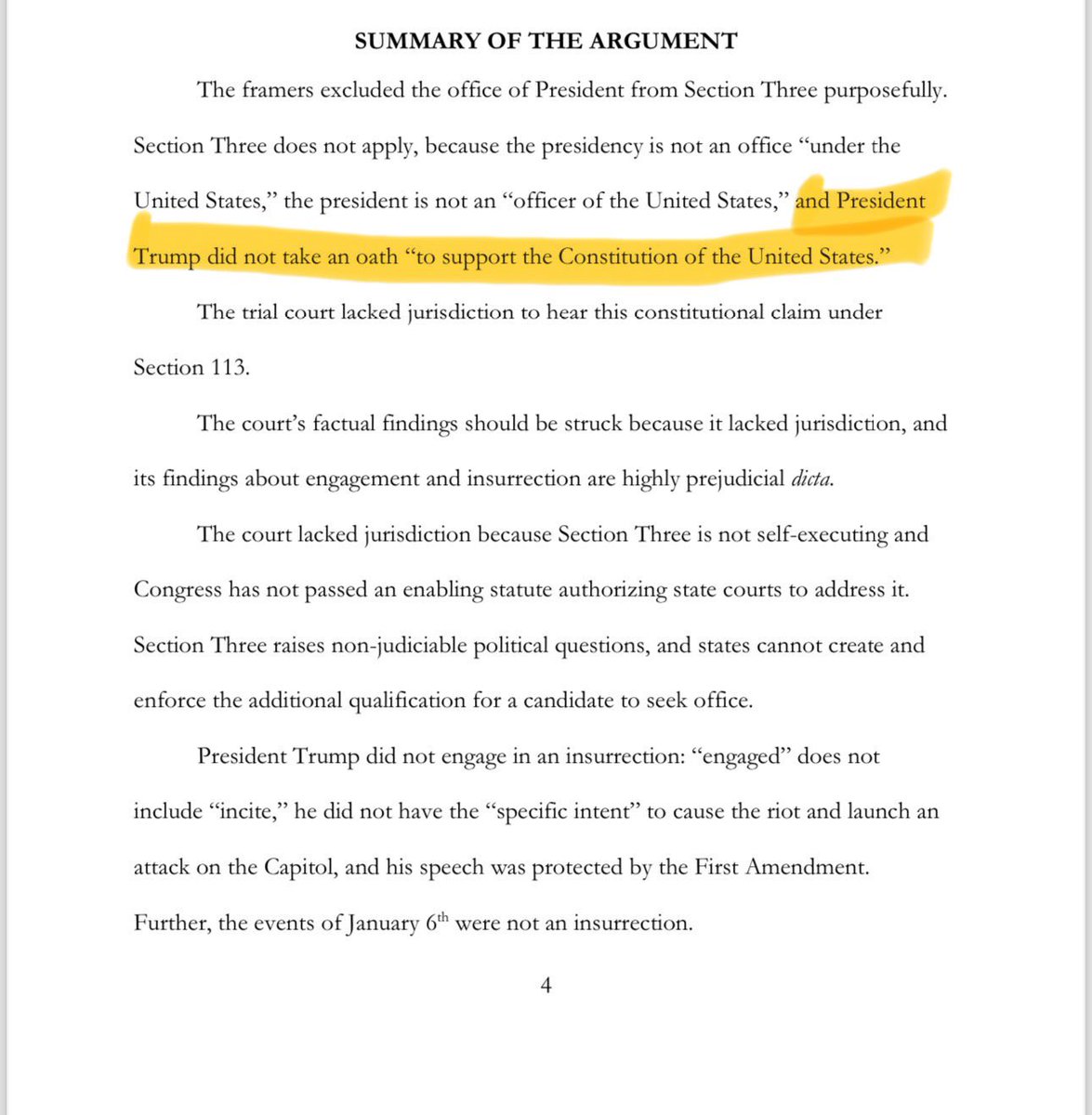 Wow in a legal proceeding trump is now arguing he didn’t violate the 14th Amendment by inciting the Jan 6 insurrection because he “never took an oath to support the Constitution of the United States.” This treacherous criminal is head of the republican party.