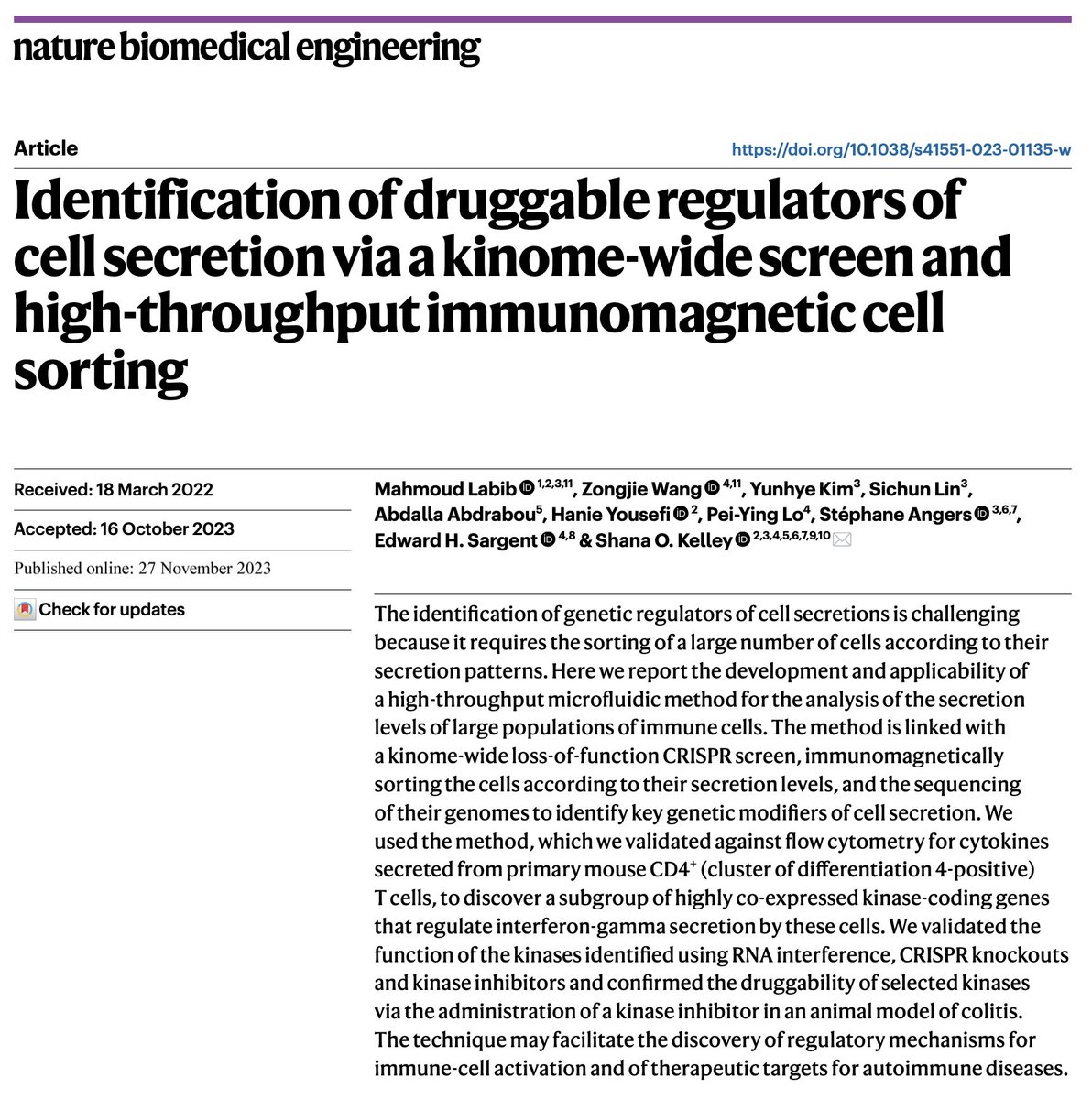 Identification of druggable regulators of cell secretion via a kinome-wide screen and high-throughput immunomagnetic cell sorting rdcu.be/dr9Ag