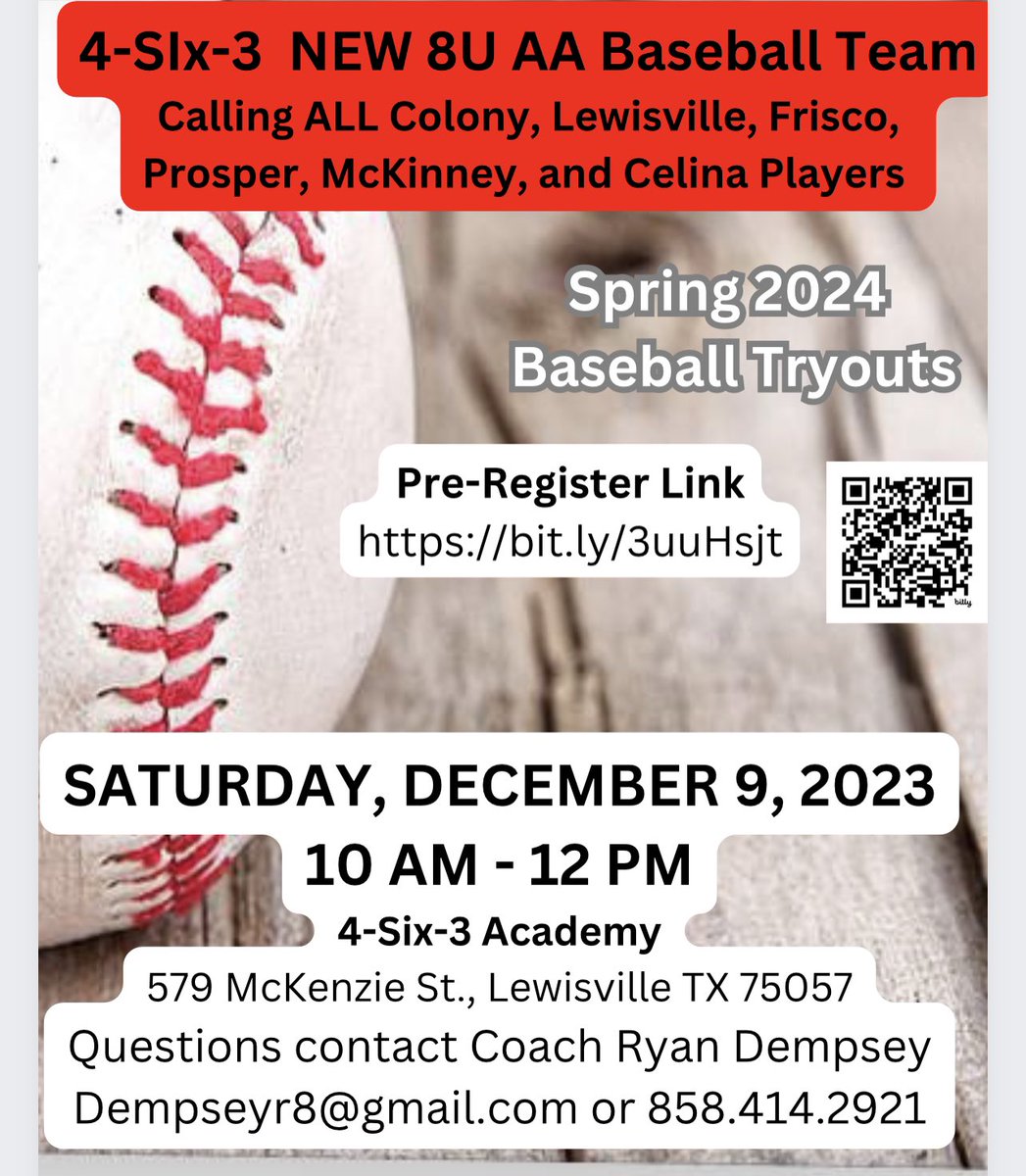 StaffordClass's tweet photo. 🔥 ⚾️ NEW TEAM Alert! 8U Select Team Tryouts!!! ⚾️ 🔥 
See you at our tryout on Saturday, December 9th from 10-12 pm. 

Tryout Form: https://t.co/v8KMI1TJZW (https://t.co/v8KMI1TJZW)

We want YOU! New 8U AA Team! 

Locations: 
4-Six-3 Academy 
579 McKenzie St
Lewisville, TX 75057 https://t.co/n1Cq3wsBfr