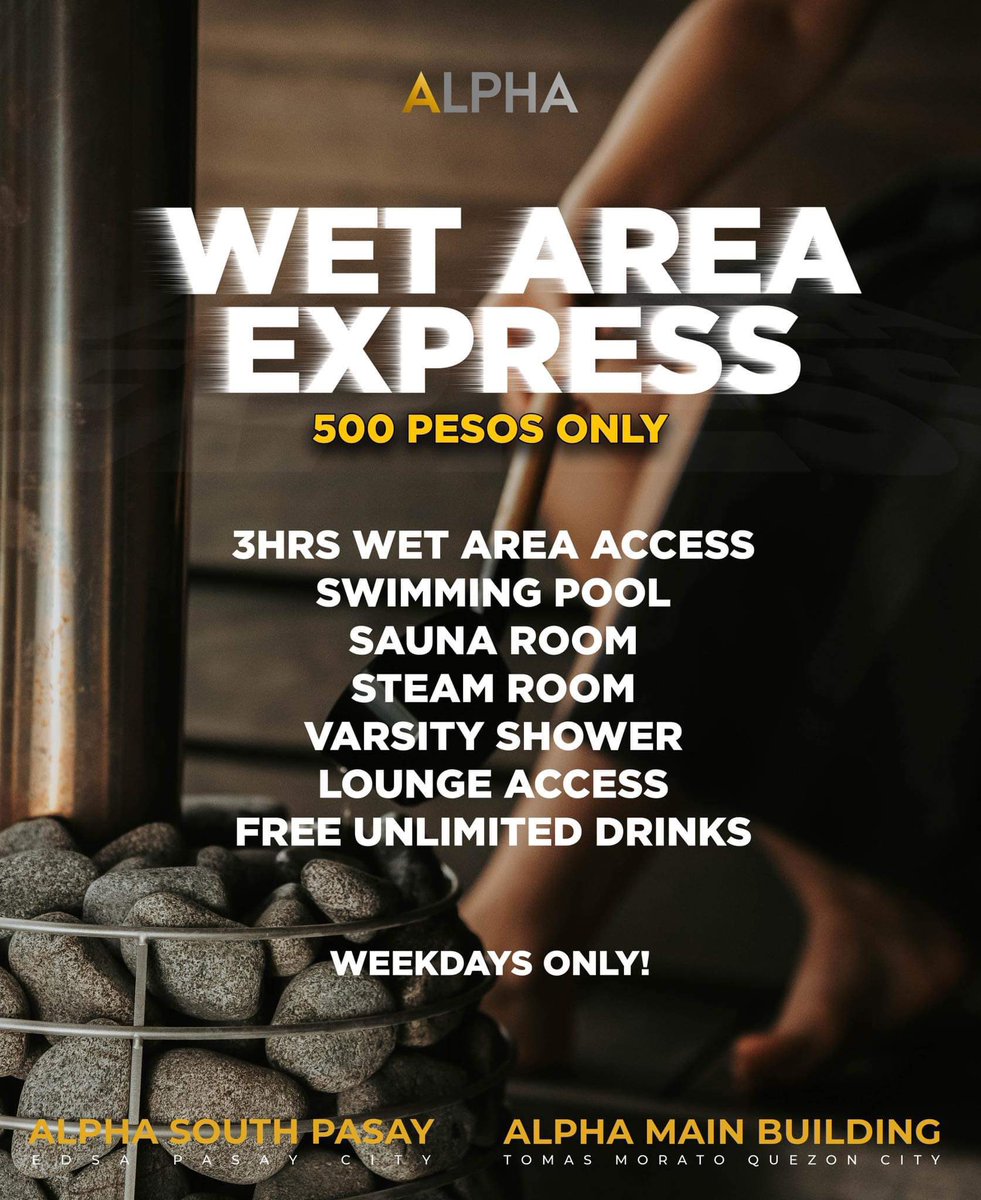 HOLIDAY SEASON JUST GOT BETTER AT #AlphaMassage &amp; #AlphaSOUTH

We'll give you more reason to choose and join us on WEEKDAYS!

SAVE AS MUCH AS 300PESOS WHEN YOU #repost and avail this! 👇🏻

SWIMMING POOL, LOUNGE ACCESS, UNLI DRINKS, BIGGEST AMENITIES LIKE NO OTHER;ALL FOR 500 ONLY!