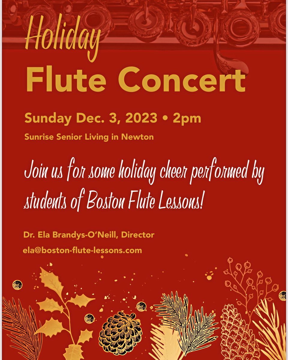 Flute_Boston's tweet photo. This coming Sunday, December 3rd, flute students of BLF are performing a Holiday Concert at the Sunrise Senior Living in Newton. If you are in the are stop by to hear them play. #holidayconcert #holidayseason #flute #music #holidaymusic https://t.co/H3nL5twato