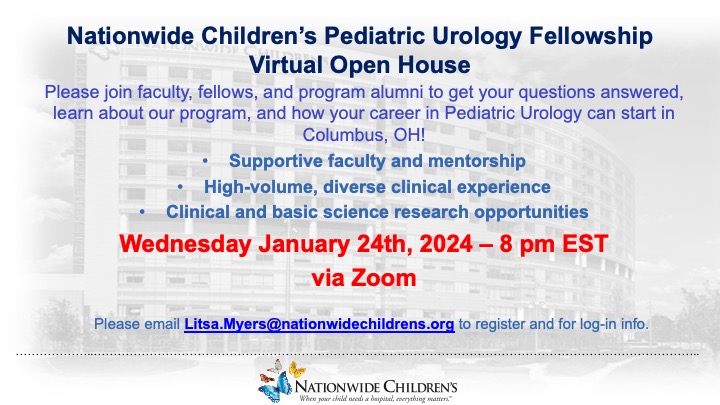 Seth Alpert (@salpert93) on Twitter photo Pediatric Urology Fellowship applicants! Please join us on 1/24/24 for a virtual open house to learn all about <a href="/NCHUrology/">Pediatric Urology, Nationwide Children's Hospital</a>! <a href="/lilppmd/">Rama Jayanthi</a> <a href="/ChristinaChing9/">Christina Ching</a> <a href="/DanDaJusta/">Daniel G. DaJusta</a> <a href="/M_FuchsMD/">Molly Fuchs MD</a> Daryl McLeod Linda Baker <a href="/SPU_Urology/">SPU_Urology</a> <a href="/AmerUrological/">Amer. Urol. Assn.</a> <a href="/OSU_Urology/">Ohio State Wexner Medical Center Urology Dept.</a> @NCHforFellows <a href="/NCHKidneyCenter/">NCH Kidney Center</a> <a href="/Uro_Res/">The Urology Applicant ⚕</a> Pediatric Urology Fellowship applicants! Please join us on 1/24/24 for a virtual open house to learn all about <a href="/NCHUrology/">Pediatric Urology, Nationwide Children's Hospital</a>! <a href="/lilppmd/">Rama Jayanthi</a> <a href="/ChristinaChing9/">Christina Ching</a> <a href="/DanDaJusta/">Daniel G. DaJusta</a> <a href="/M_FuchsMD/">Molly Fuchs MD</a> Daryl McLeod Linda Baker <a href="/SPU_Urology/">SPU_Urology</a> <a href="/AmerUrological/">Amer. Urol. Assn.</a> <a href="/OSU_Urology/">Ohio State Wexner Medical Center Urology Dept.</a> @NCHforFellows <a href="/NCHKidneyCenter/">NCH Kidney Center</a> <a href="/Uro_Res/">The Urology Applicant ⚕</a>