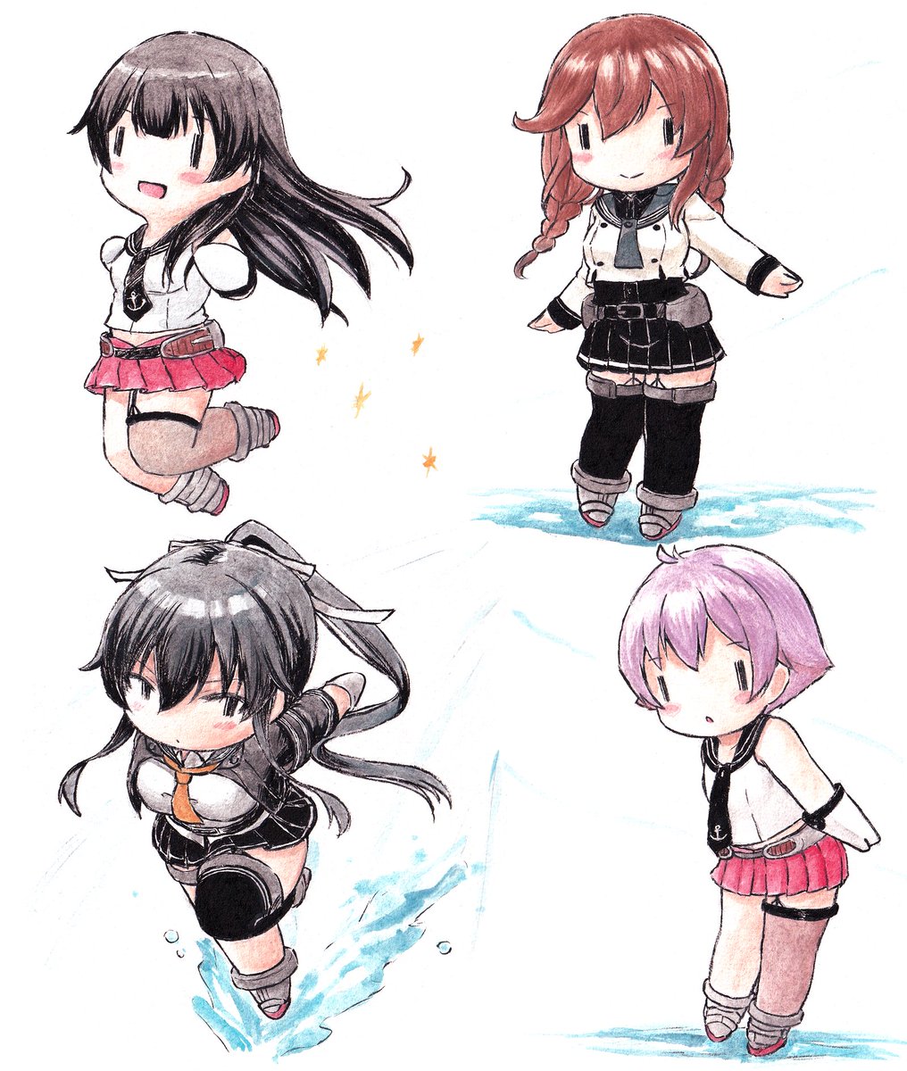 agano (kancolle) ,noshiro (kancolle) ,sakawa (kancolle) ,yahagi (kancolle) 4girls long hair multiple girls black sailor collar skirt black hair twin braids  illustration images