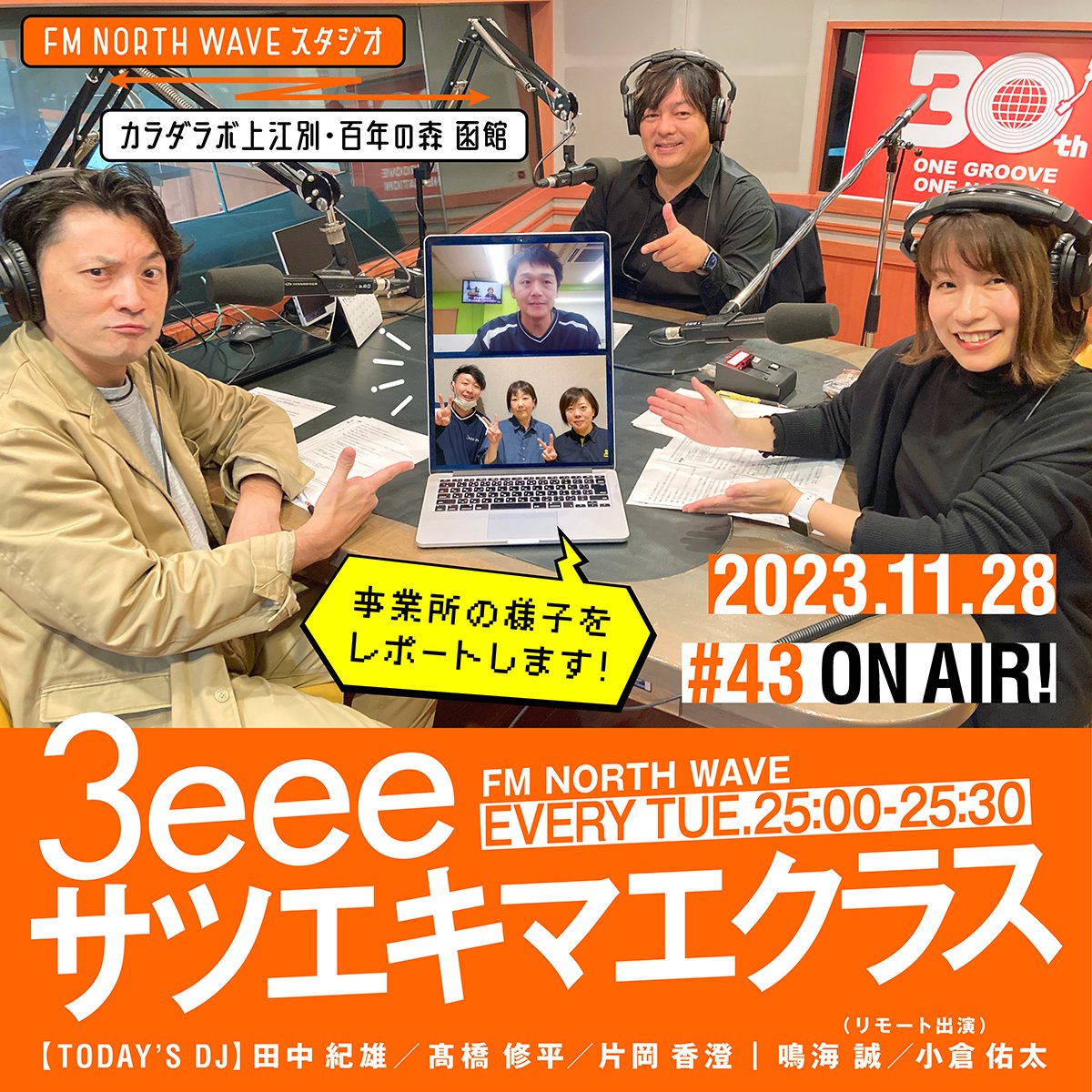 3eeeinc's tweet photo. こんにちは🦛
FMノースウェーブ
#3eee #サツエキマエ クラス
本日オンエアです💡
今日は『3eee事業所だより』
と題して、現場スタッフが
電話でリモート出演☎️⚡️📻
#カラダラボ上江別
#百年の森函館
のホットなトピックを
ご紹介いたします👍
#企業公式相互フォロー
#企業公式冬のフォロー祭り https://t.co/nzzKtsu06Q
