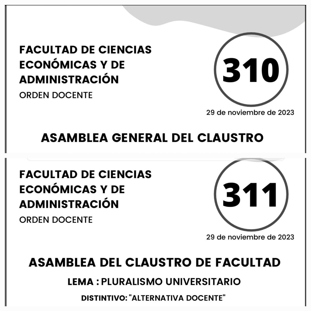 🗳  Elecciones universitarias de la Udelar. 🗓️ 29 de noviembre.
🔹Deben votar estudiantes, docentes y egresados. 
🔹️ Se elegirán representantes para integrar la Asamblea General del Claustro de Udelar y para la Asamblea del Claustro.
👉 Orden Docente en Fcea |