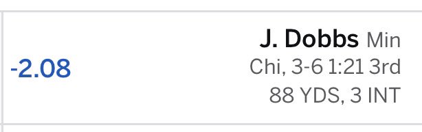 JulietCollings's tweet photo. I literally only needed Josh Dobbs to stay in the positives tonight… not a hard ask #FantasyFootball #vikings https://t.co/jqONqWNlaS