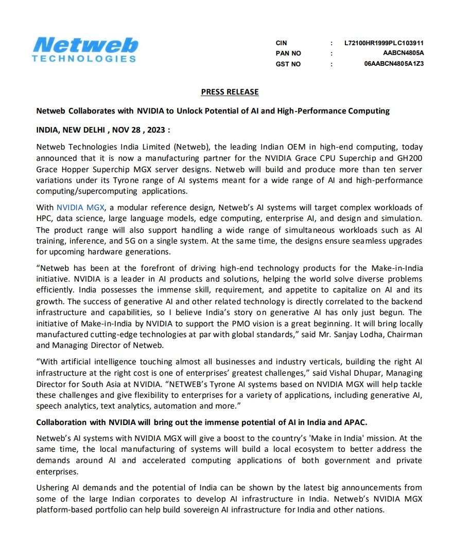 nid_rockz's tweet image. Netweb technologies
#NETWEB

Netweb collaborates with NVIDIA to unlock the potential of AI and High performance computing 👏

Netweb, now is a manufacturing partner for NVIDIA Grace CPU superchip and GH200 Grace Hopper superchip MGX server designs 

Netweb to build and produce…