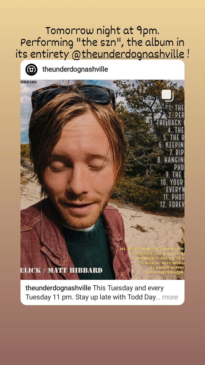 Tomorrow night! Come out to The Underdog as I perform the new album "the szn" from front to back.
Nashville, Tennessee. 9pm sharp. 🍁

"You won't want to miss it - our favorite song."