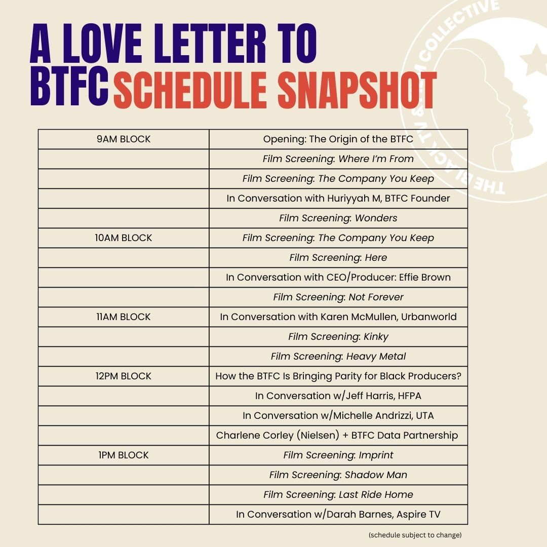 BlackTVFilmOrg's tweet photo. Check out our updated schedule for tomorrow! ⁠So stop playing, and TUNE in via the link below tomorrow @9am PT. You can also give now too here: ⁠https://t.co/g5F8LeoNYk 
⁠
#makeyourwork⁠
#empowerthechangeyouwanttosee⁠
#btfcloveletters⁠ https://t.co/RfqHS4pqu4