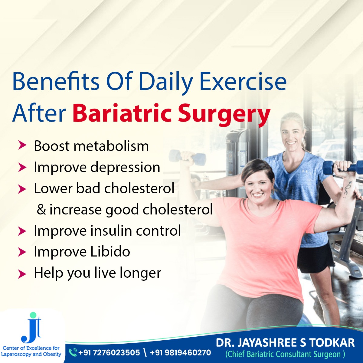 Benefits Of Daily Exercise After Bariatric Surgery

#drjayashreetodkar #ExerciseAfterBariatricSurgery #MetabolismBoost #MentalWellness #CholesterolHealth #InsulinControl #LibidoImprovement #LongevityBenefits #PostSurgeryFitness #HealthyLifestyle #BariatricHealth #ExerciseBenefits