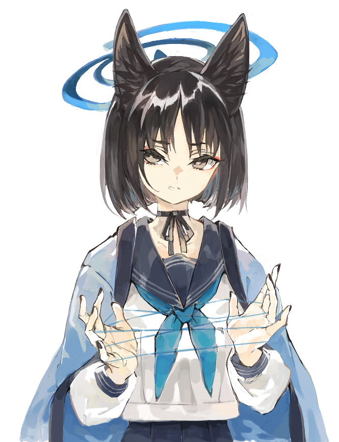 kikyou (blue archive) 1girl solo halo animal ears black hair white background school uniform  illustration images