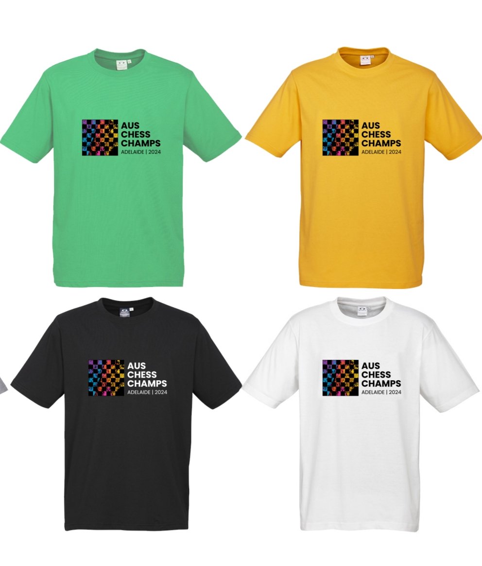 sachessau's tweet photo. Remember to order your exclusive Australian Chess Championships tournament T-shirt & pin before the end of month cut-off.
#SAJCL #JuniorChess #SACA #Chess #Adelaide #AusChess https://t.co/ZHFWcTlQJL