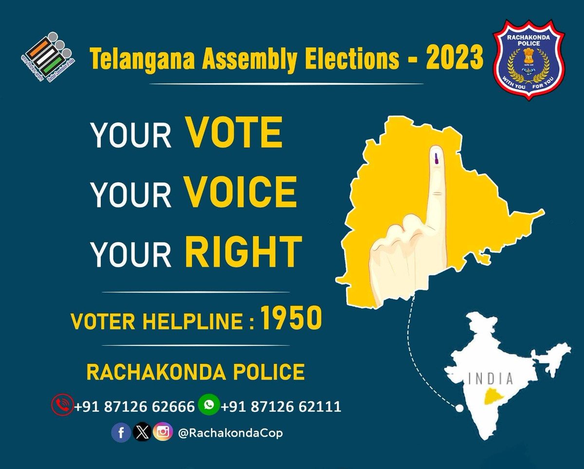 Your #Vote🗳️ 
Your #Voice🗣 
Your #Right✅

#CastYourVote #YourVoteYourVoice #TelanganaAssemblyElections2023 #Elections2023 #VoterAwareness #RachakondaPolice