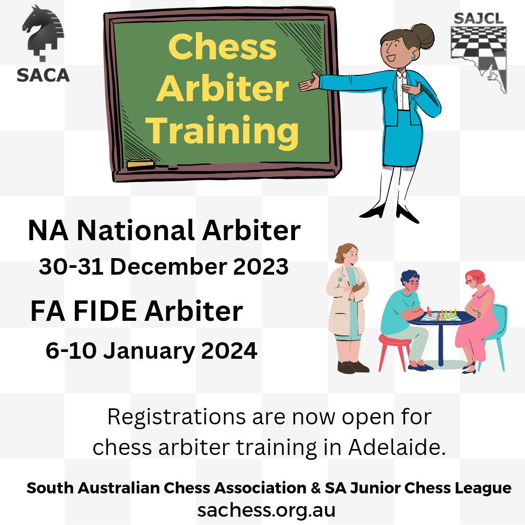 sachessau's tweet photo. Register now for Chess Arbiter Training in Adelaide.
Link on website.
#SAJCL #JuniorChess #SACA #Chess #Chess #AusChess https://t.co/d7Aymv4rq7