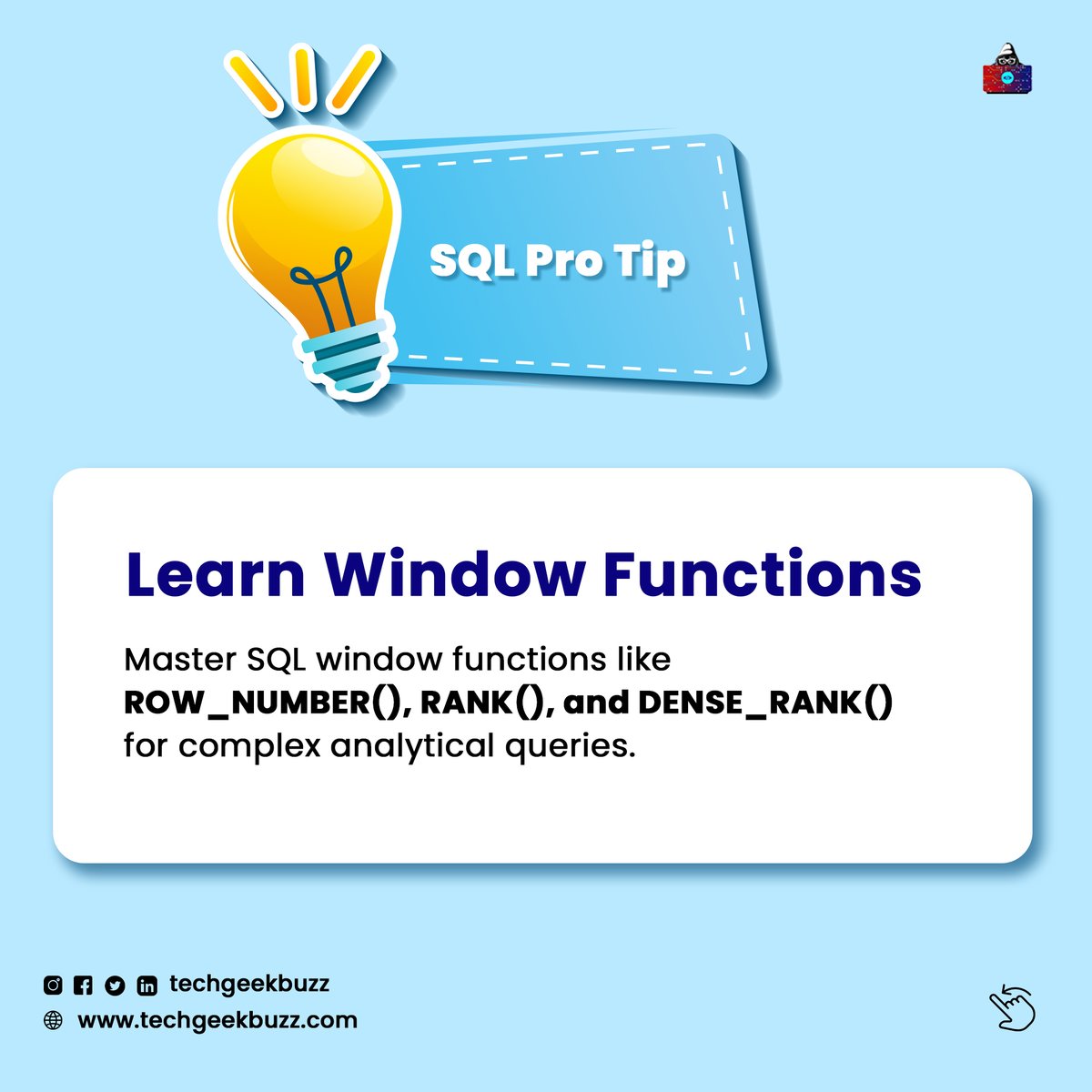 techgeekbuzz's tweet image. By mastering these window functions, you can perform tasks like ranking, partitioning data into groups, and calculating running totals or averages.
#sql #sqldatabase #sqlquery #sqlchallenge #sqltips #dataanalytics #datanalysis #reporting #sqlfunctions #databases