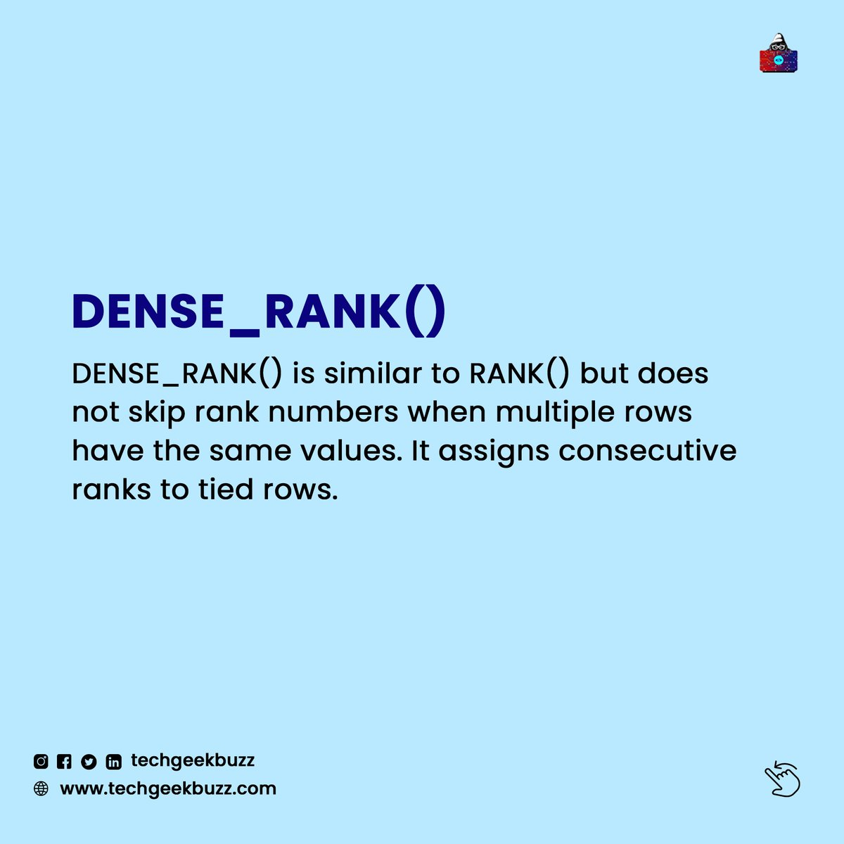 techgeekbuzz's tweet image. By mastering these window functions, you can perform tasks like ranking, partitioning data into groups, and calculating running totals or averages.
#sql #sqldatabase #sqlquery #sqlchallenge #sqltips #dataanalytics #datanalysis #reporting #sqlfunctions #databases