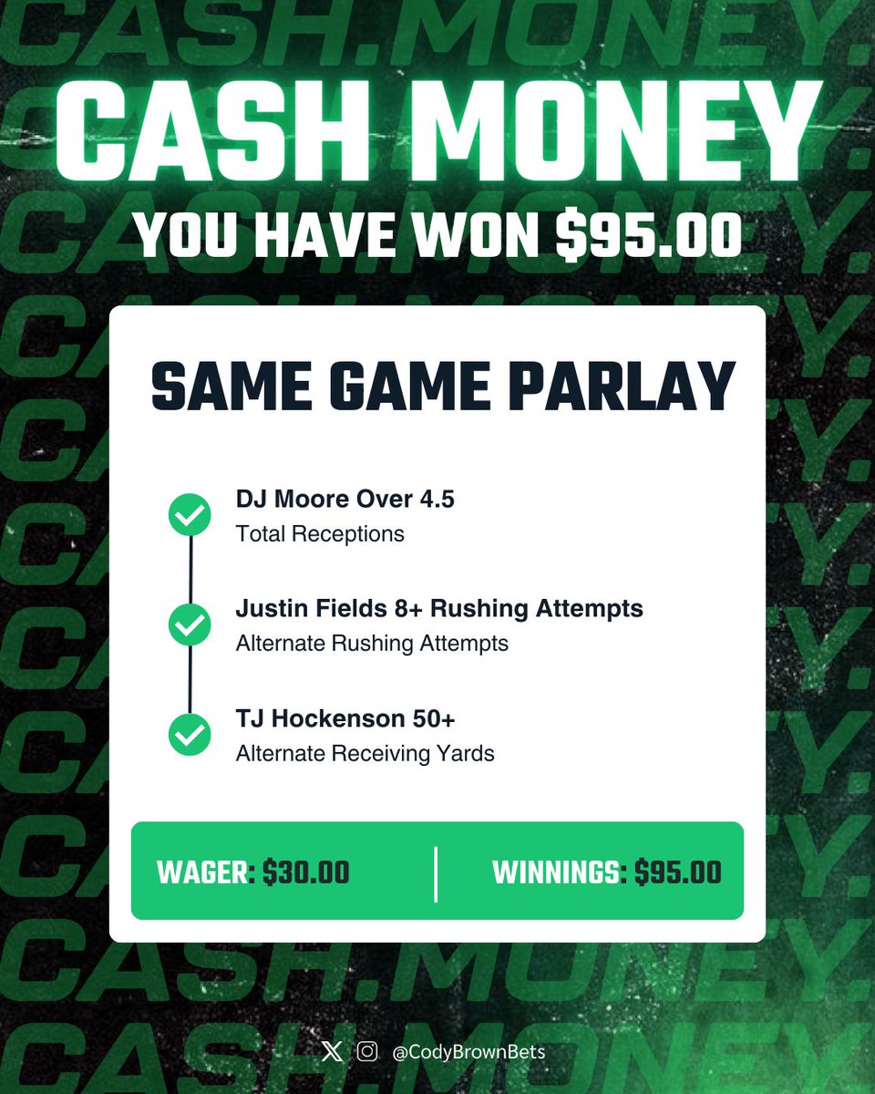 🏦 CASH. MONEY. SWEEEEP.

WE ARE MAKING SO MUCH MONEY.

✅ NFL Parlay cashed
✅ NFL Best Bet cashed 
✅ NBA Best Bet cashed

Plus Addison cashed for those who swapped him for DJ Moore!!!

❤️ SMASH LIKE IF YOU TAILED!!!

21+, gamble responsibly.