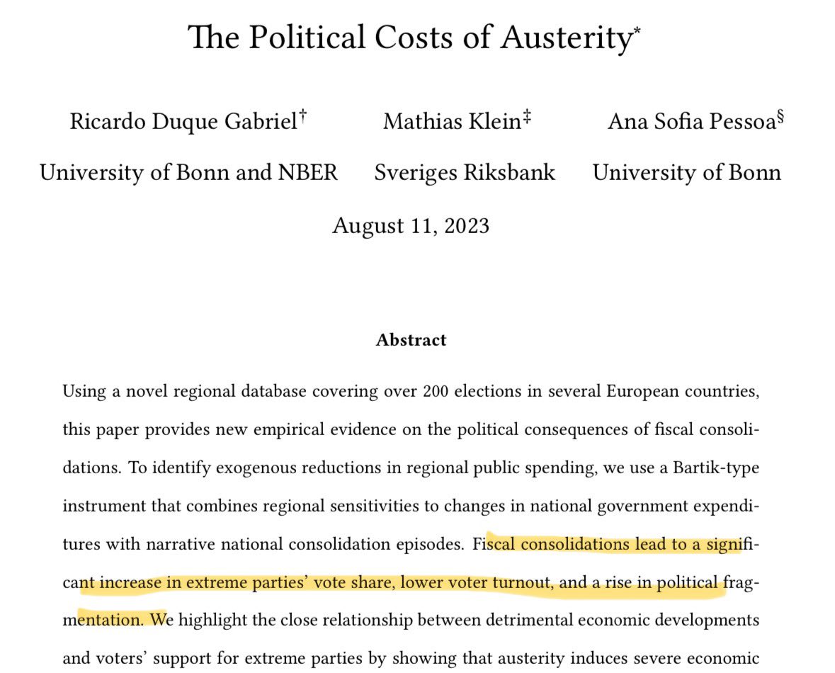 Recommended reading for all economists and economic policy makers, who are calling for fiscal consolidation.

Besides inducing a recession, slashing spending in Germany now is likely to further boost the AfD.