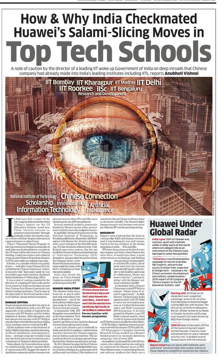 anubhutivishnoi's tweet photo. A red flag raised by an IIT Director woke up India to big inroads Chinese tech Co Huawei had made into our top institutes

What followed👇🏼

Quiet,methodical delinking of every MoU,Grant,Project, Fellowship by Huawei at IITs,NITs,colleges…

 @ETPolitics 

https://t.co/hvnflzhV2N https://t.co/2UTZMLB7Ug