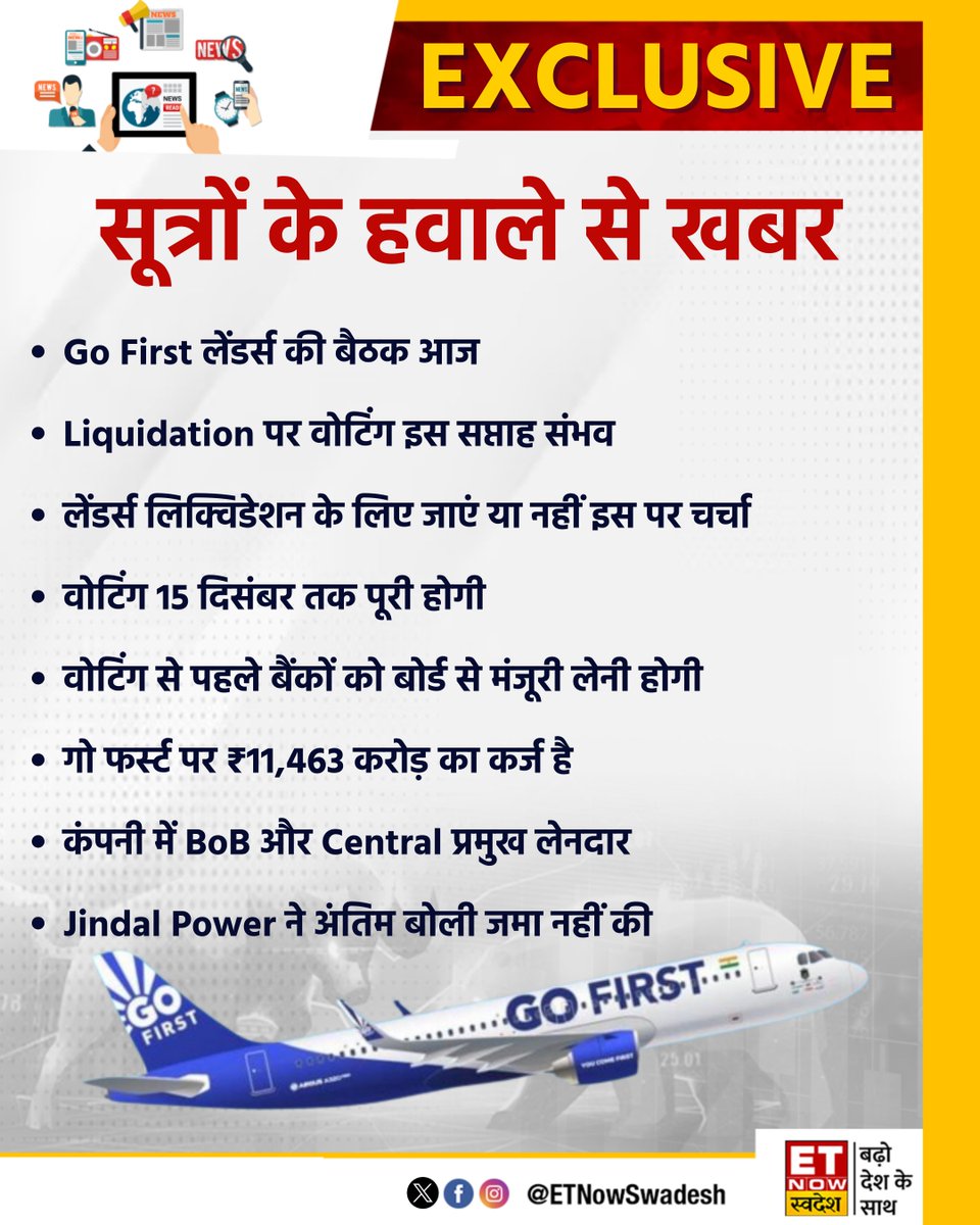 ETNowSwadesh's tweet photo. #SwadeshExclusive | Go First लेंडर्स की बैठक आज, Liquidation पर वोटिंग इस सप्ताह संभव- सूत्रों के हवाले से खबर

#GoFirst #Aviation #Airlines #GoFirstAirlines https://t.co/in7wqGZCeJ