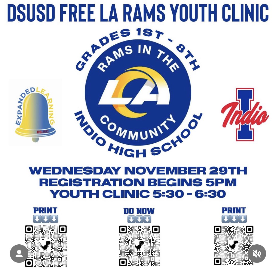 🚨Free LA Rams Youth Clinic at IHS! 
@IHSRajahs <a href="/IndioHS_Sports/">Indio High School Athletics</a> <a href="/DesertSandsUSD/">Desert Sands USD</a> <a href="/DesertSunSports/">Desert Sun Sports</a>