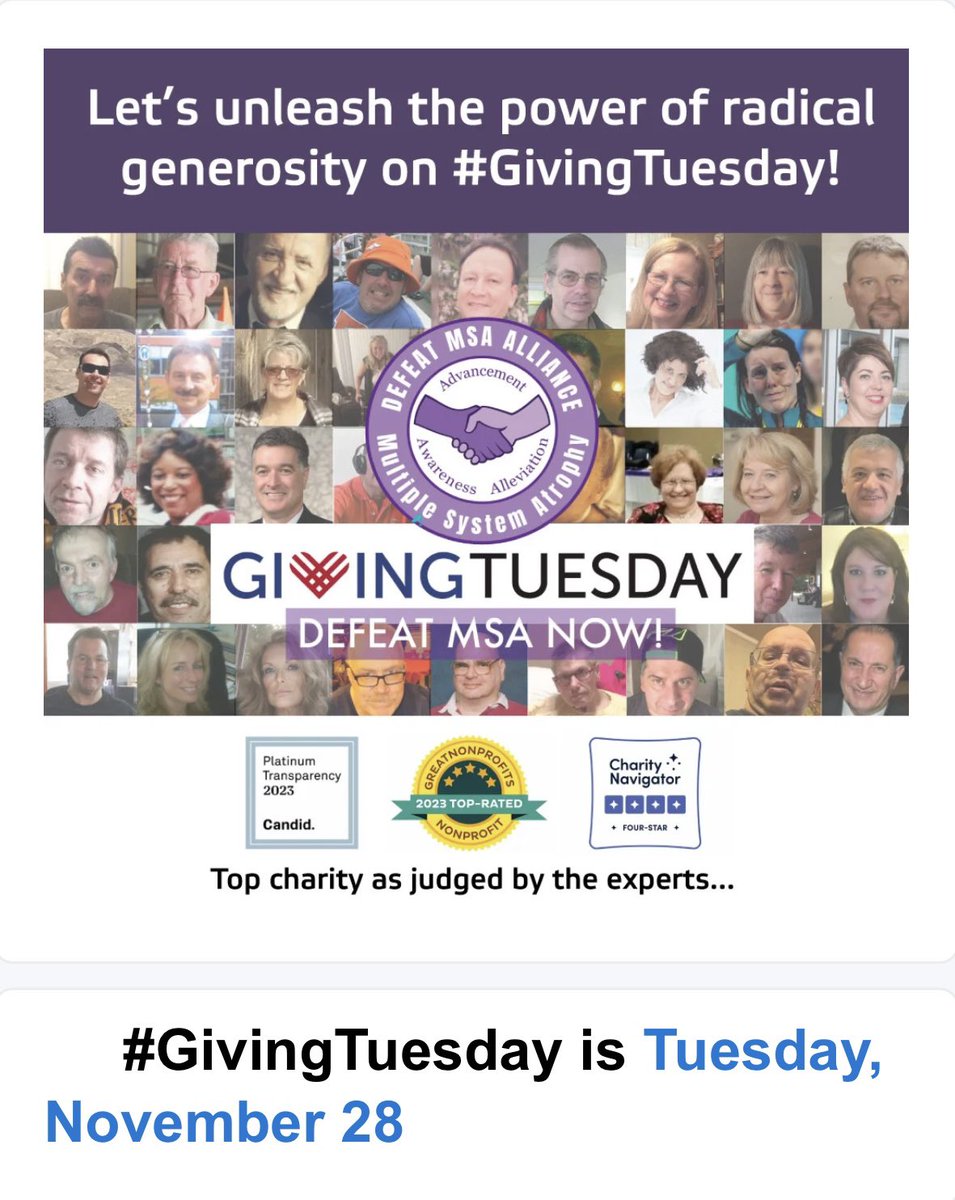 Please Consider Defeat MSA:
1) Create a Facebook Fundraiser: facebook.com/fund/DefeatMSA/
2) Create a Virtual Fundraiser (dedications to a loved one are possible too):justgiving.com/defeatmsaallia…
3) Donate: defeatmsa.org/donate-to-us/
4) Via Defeat MSA Alliance, 29924 Jefferson, SCS MI 48082