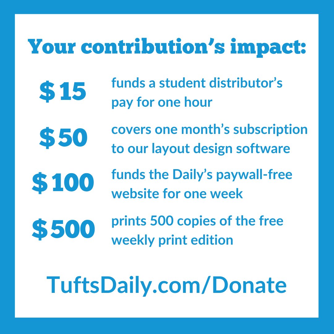 Support independent student journalism by contributing to the Tufts Daily this Giving Tuesday! Make a donation today at TuftsDaily.com/Donate.