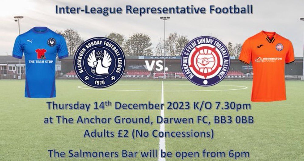 BFSFA (@bfsfa) on Twitter photo It's just under three weeks until the <a href="/LancashireFA/">Lancashire FA</a> Inter-League fixture between the <a href="/BlackburnLeague/">The Blackburn Sunday Football League</a> versus the <a href="/BFSFA/">BFSFA</a> at the famous <a href="/DarwenFC/">Darwen FC</a> Anchor Ground. Get down and support the BFSFA.
<a href="/TheRefStop/">The Ref Stop</a> <a href="/CommonEdger/">Fylde Coast Football</a> <a href="/sjt_photos/">Steven Taylor 📸</a> <a href="/lancstelegraph/">Lancashire Telegraph</a> <a href="/The_Gazette/">Blackpool Gazette</a> It's just under three weeks until the <a href="/LancashireFA/">Lancashire FA</a> Inter-League fixture between the <a href="/BlackburnLeague/">The Blackburn Sunday Football League</a> versus the <a href="/BFSFA/">BFSFA</a> at the famous <a href="/DarwenFC/">Darwen FC</a> Anchor Ground. Get down and support the BFSFA.
<a href="/TheRefStop/">The Ref Stop</a> <a href="/CommonEdger/">Fylde Coast Football</a> <a href="/sjt_photos/">Steven Taylor 📸</a> <a href="/lancstelegraph/">Lancashire Telegraph</a> <a href="/The_Gazette/">Blackpool Gazette</a>