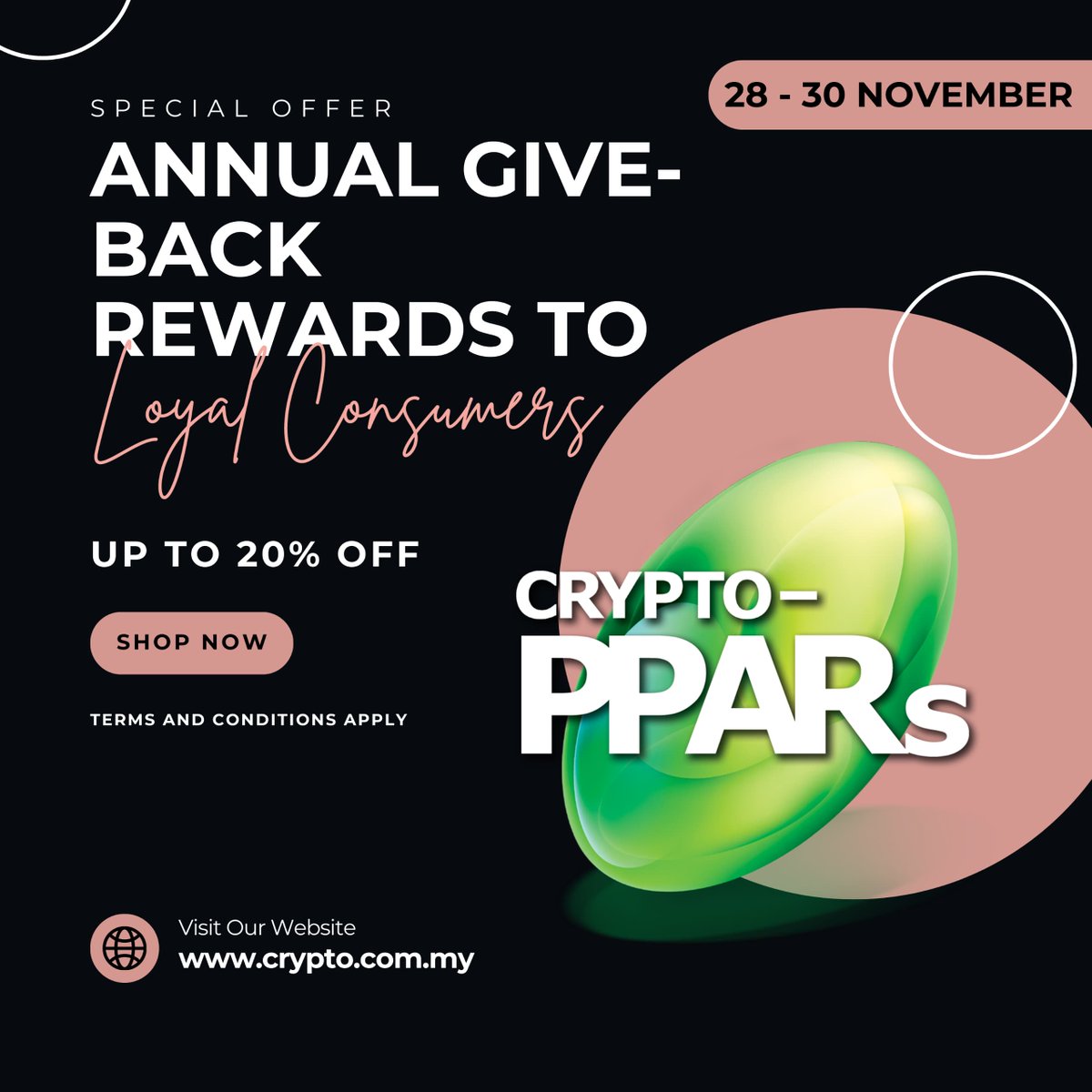 cryptopparsmy's tweet photo. Calling all our loyal customers! 📢

To show our gratitude for your unwavering support, we're offering an exclusive 20% discount on all Crypto PPARs products! 🤩

This limited-time offer runs from November 28th to 30th, 2023, so don't miss out!
#CryptoPPARs #AnnualGiveBack https://t.co/orbqYBzl0S