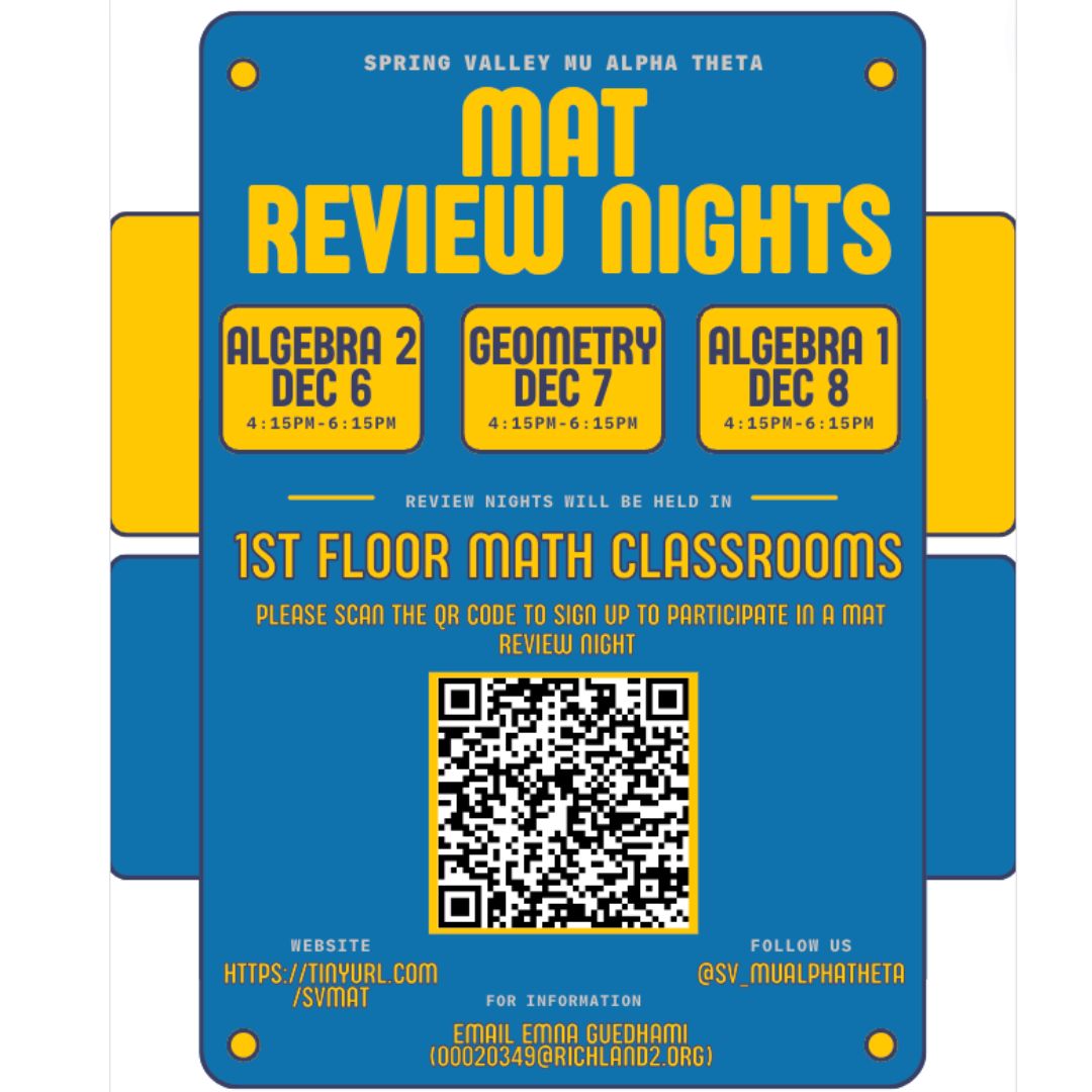 SV_Vikings's tweet image. SVHS Mu Alpha Theta Review Nights are starting on December 6th! Don&apos;t miss out, scan the QR code and sign up today! #mathreview #SVHS #MuAlphaTheta #December6th #students