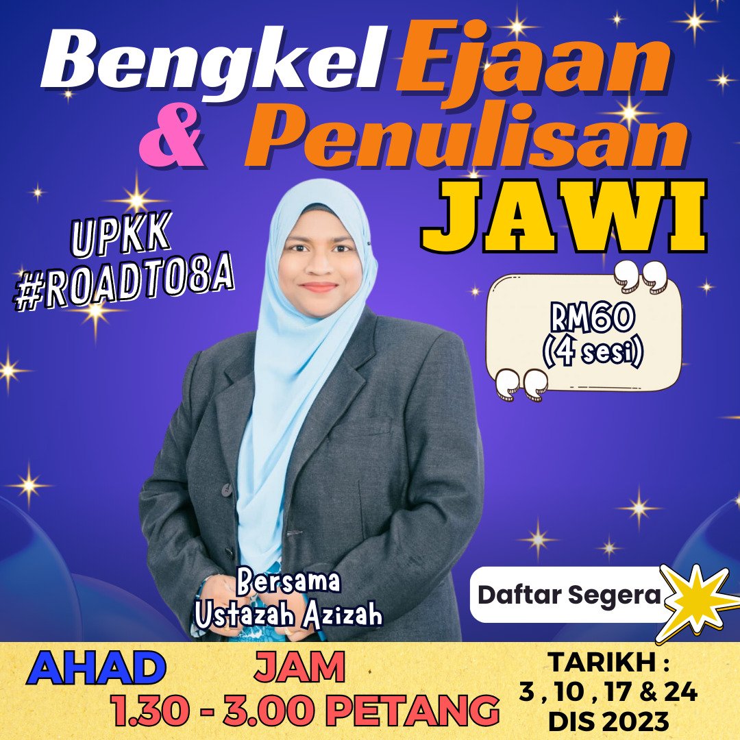 SalinaPro's tweet photo. Anak² Yang Masih Lemah Jawi boleh ikuti BENGKEL Khas Ustazah Azizah anjurkan 🤗
💥 Bengkel Ejaan dan Penulisan Jawi UPKK
🗓️ Hari AHAD*
⏰ Jam 1.30 hingga 3.00 petang
🌟 Tarikh 3 , 10 ,17 , 24 Disember 2023

Yang serious nak join BENGKEL sahaja PM ya ⤵️⤵️
https://t.co/P15oabIEBH https://t.co/l5z7bzrXMh