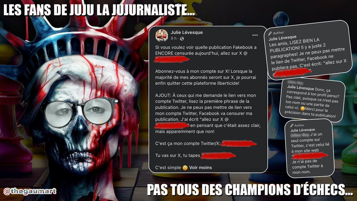 thegaumart's tweet photo. Fans de FB... Ne vous réjouissez pas trop vite de l'annonce du départ de la plateforme faite par #juju la #jujurnaliste...
À lire les commentaires de ses premiers de classe de #fefans, ça va être long...
#maillets #jujurnalisme #fpjq https://t.co/7RnD72McBb